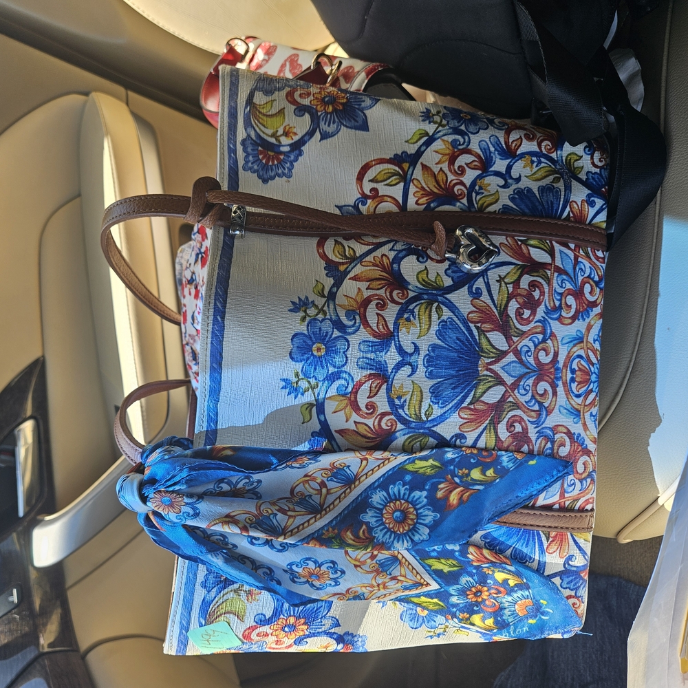 Blue and Brown Floral Tote Bag with Structured Sides